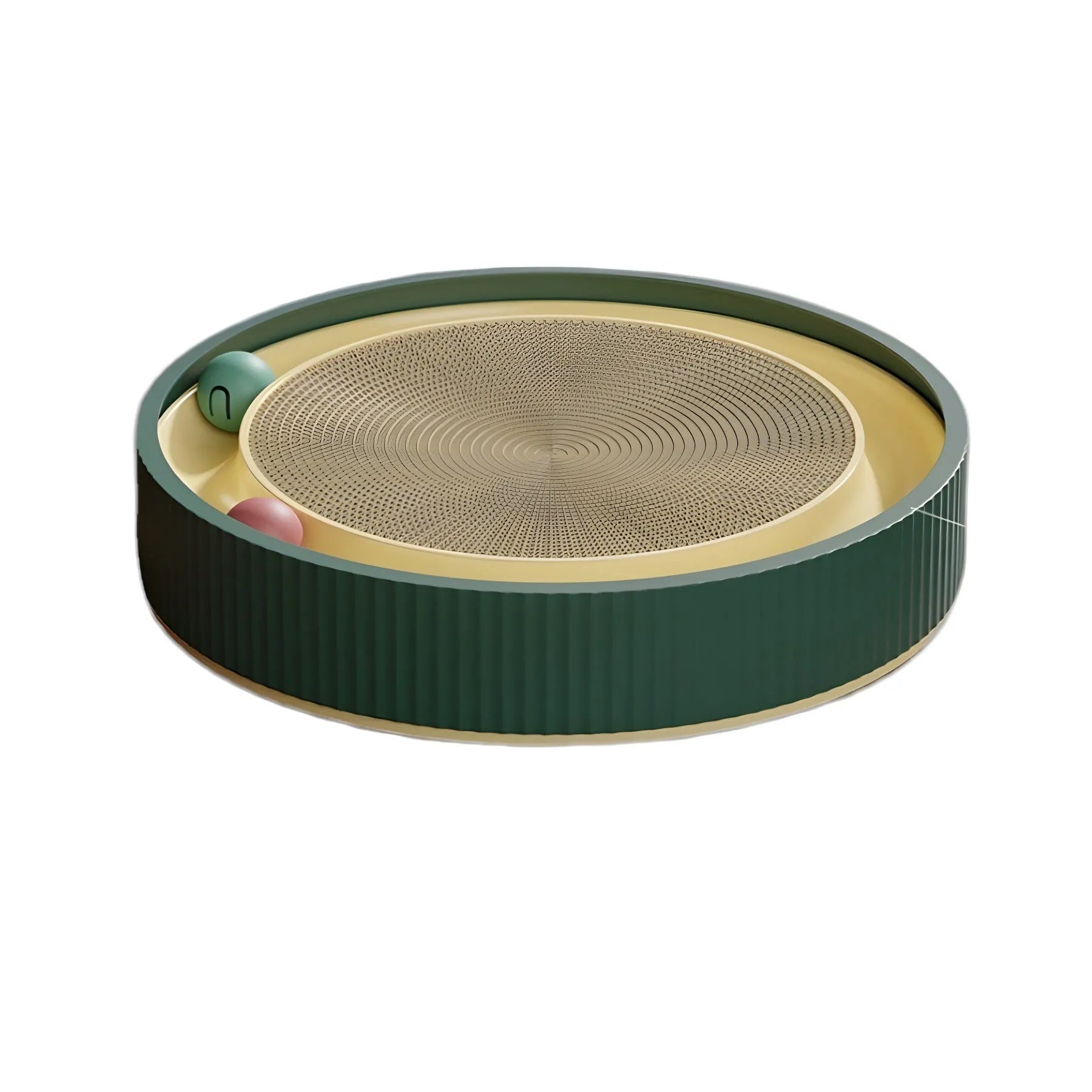 Large green cat scratching board with replaceable core, bell balls, and spring plush toy for indoor cats