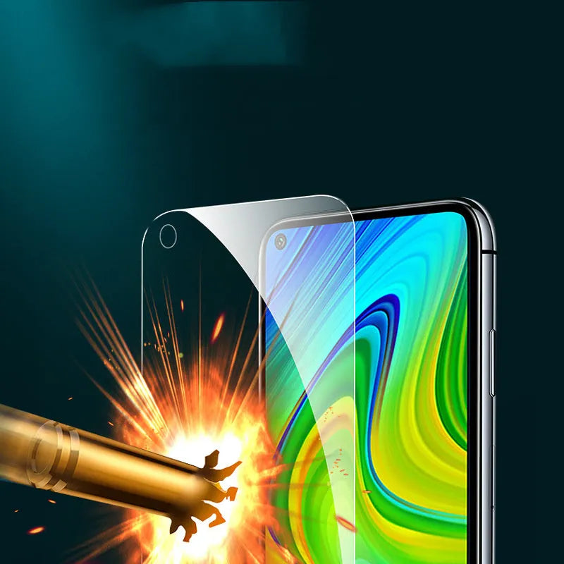 A full-screen tempered glass screen protector for Xiaomi smartphones, shown with anti-scratch and anti-fingerprint features.