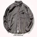 A caramel-coloured loose-fit corduroy long sleeve shirt laid flat, showing its cardigan-style cut and textured fabric.