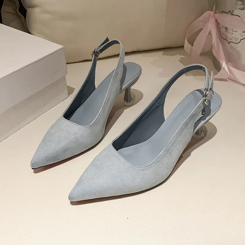 Women's apricot suede pointed toe stiletto high heels on a white background