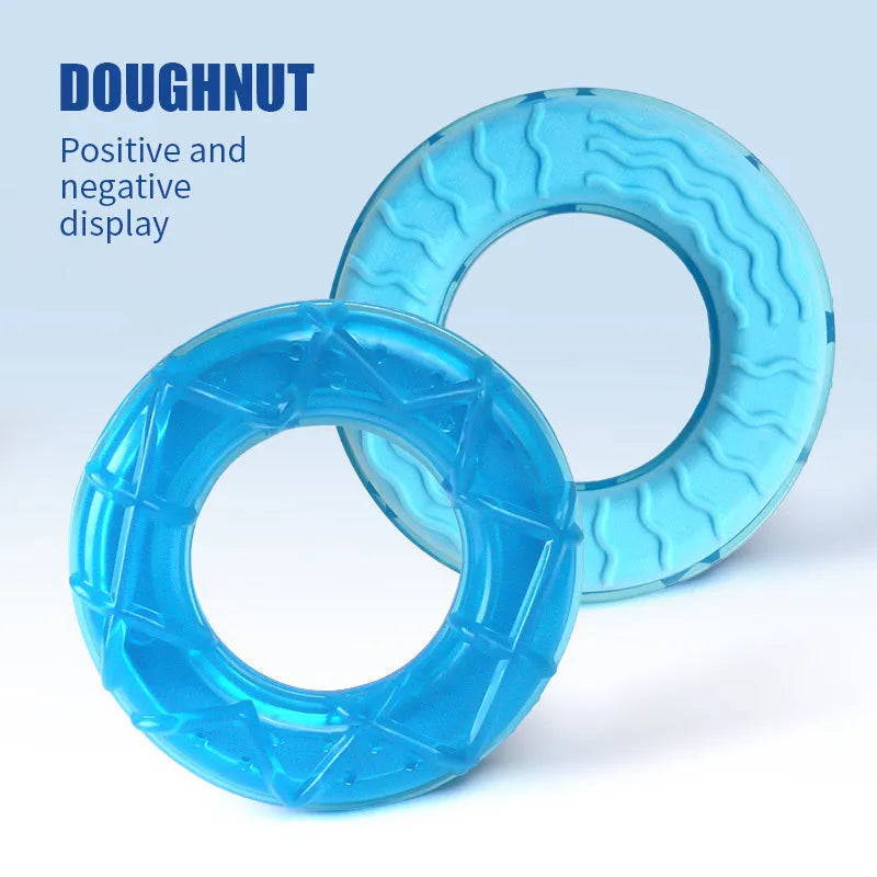 Set of three water-filled ice cold dog toys: pacifier, popsicle and ring styles for summer cooling