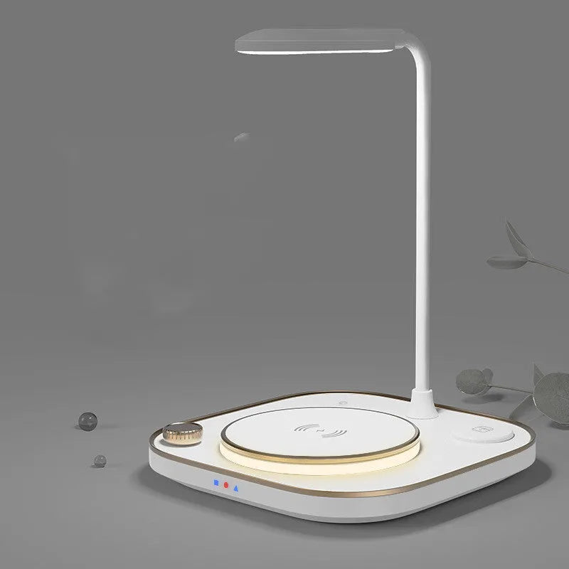 Black wireless charging desk lamp showing phone charging on magnetic surface with integrated lighting