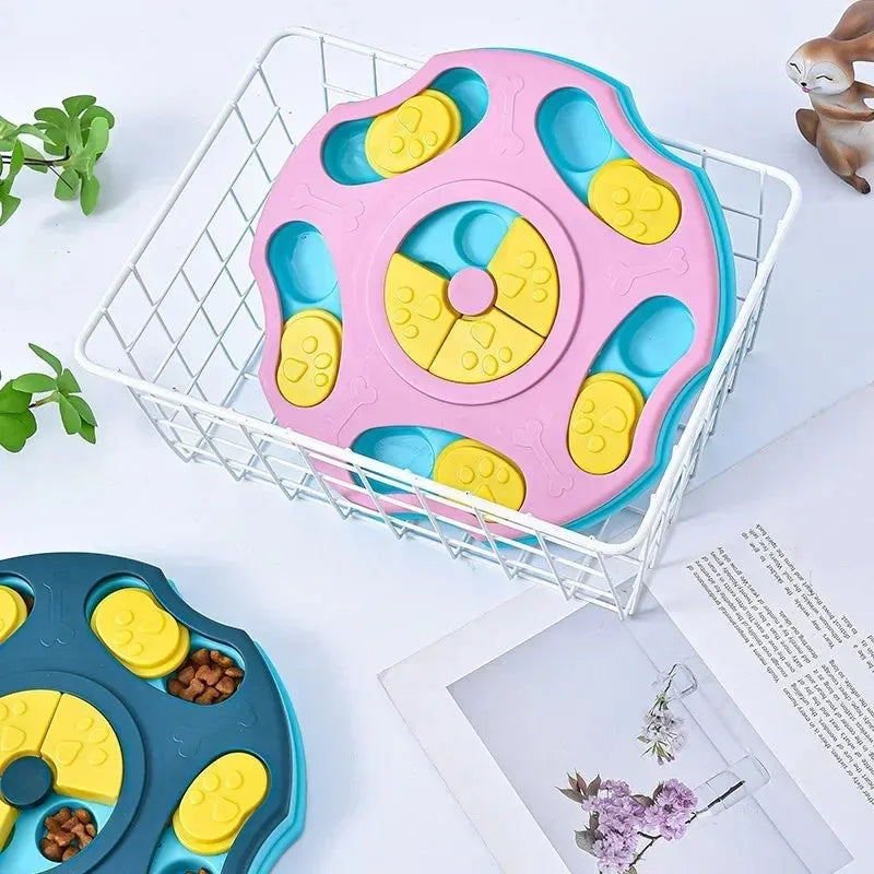 Blue dog puzzle food bowl with sliding compartments for interactive feeding games