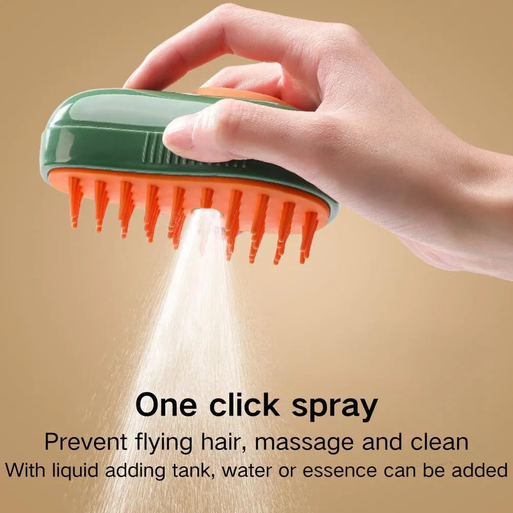 Green and white cat steam brush with silicone bristles showing water tank and compact 11cm design