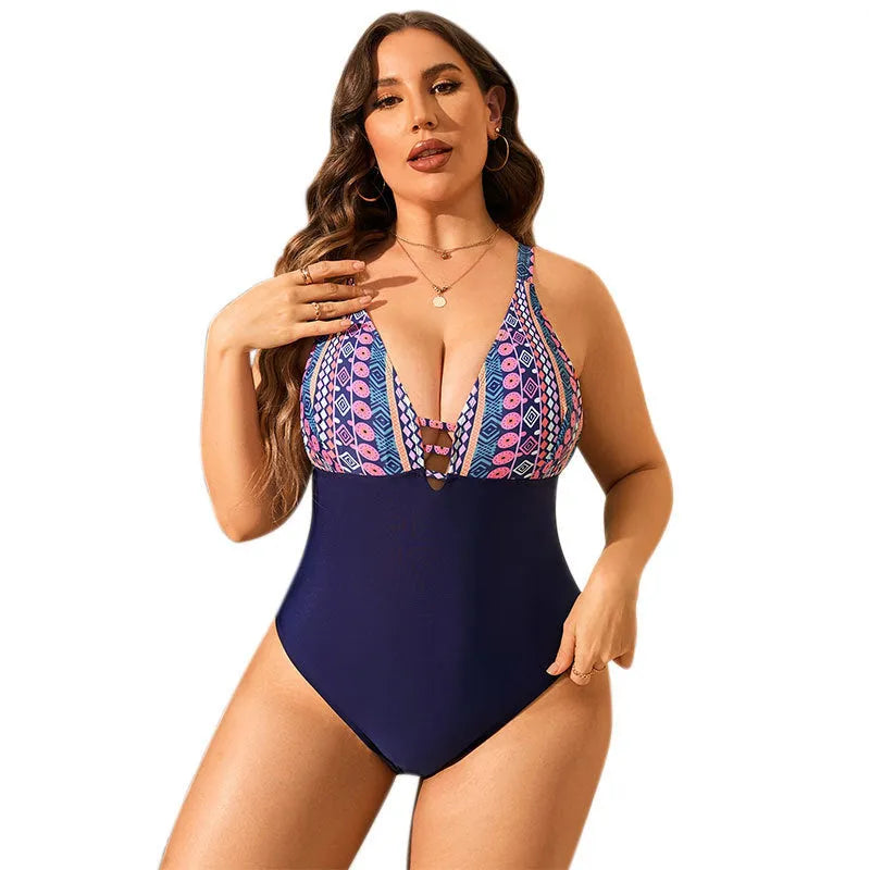 Leopard print plus size one-piece swimsuit for women with V-neck and tummy control lining.