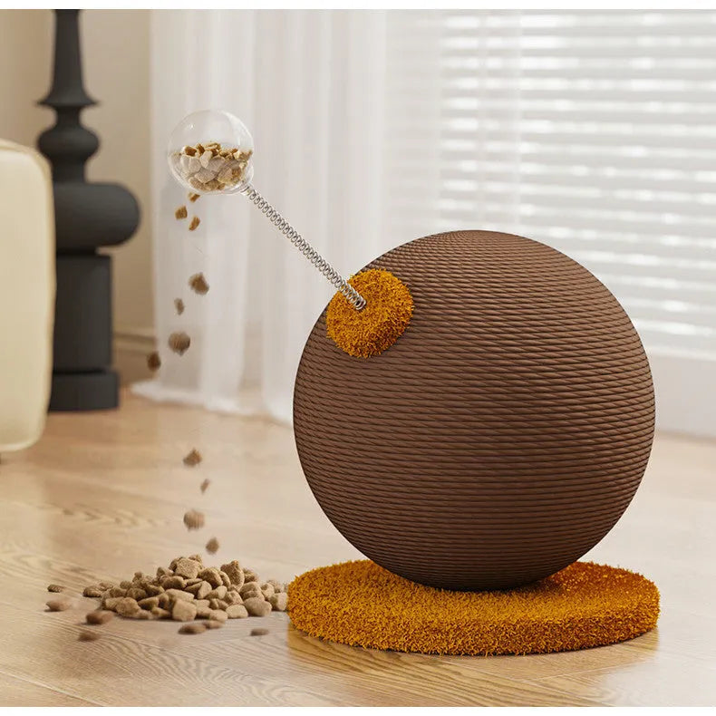 Natural hemp rope cat scratch board shown in large and small sizes with optional cat grasping ball and tumbler toys.