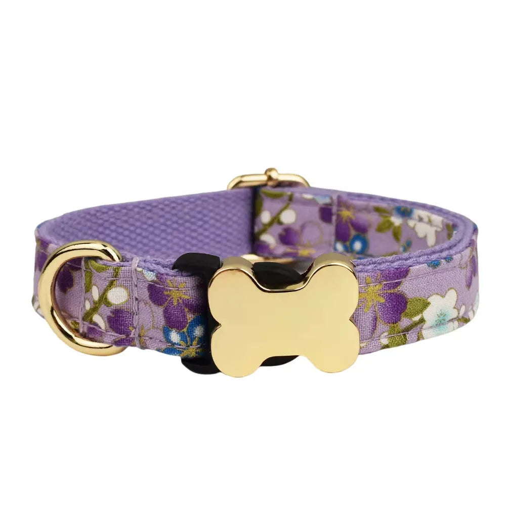 Flat fabric printed grid nylon dog collar with bone buckle closure in multiple colours