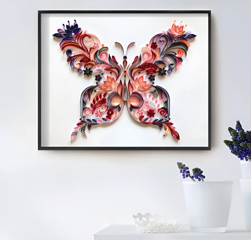 20 inch handmade butterfly quilling paper ornament with assembly tools on blue background