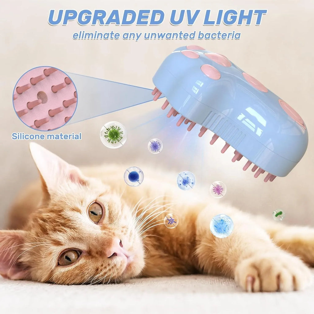 Self-cleaning cat steam brush with blue silicone bristles and release button for pet grooming