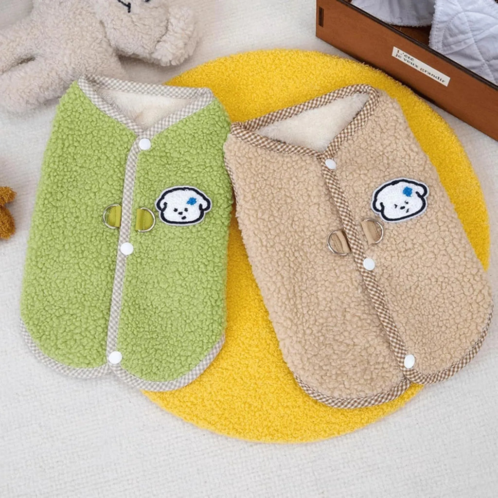 Green coral fleece dog sweatshirt vest with leash ring for winter wear