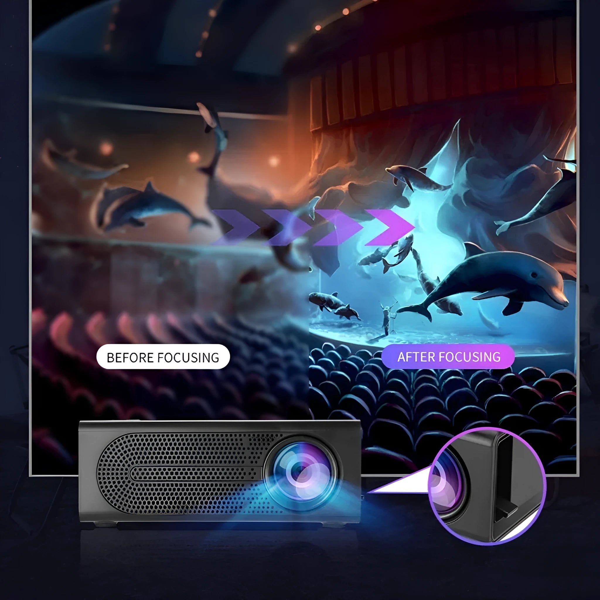 Black and white portable mini projector with lens and connection port for wired mobile phone screen mirroring.
