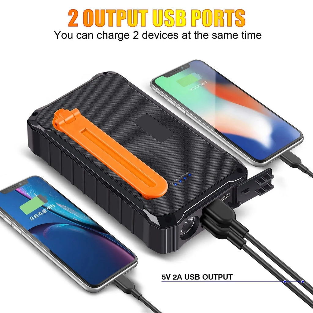 Green or orange hand crank solar power bank with LED light showing USB ports and solar panel.