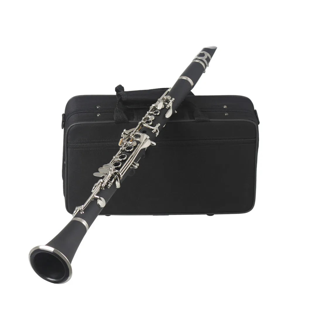 Black Bakelite beginner clarinet with 17 nickel-plated keys and carrying bag