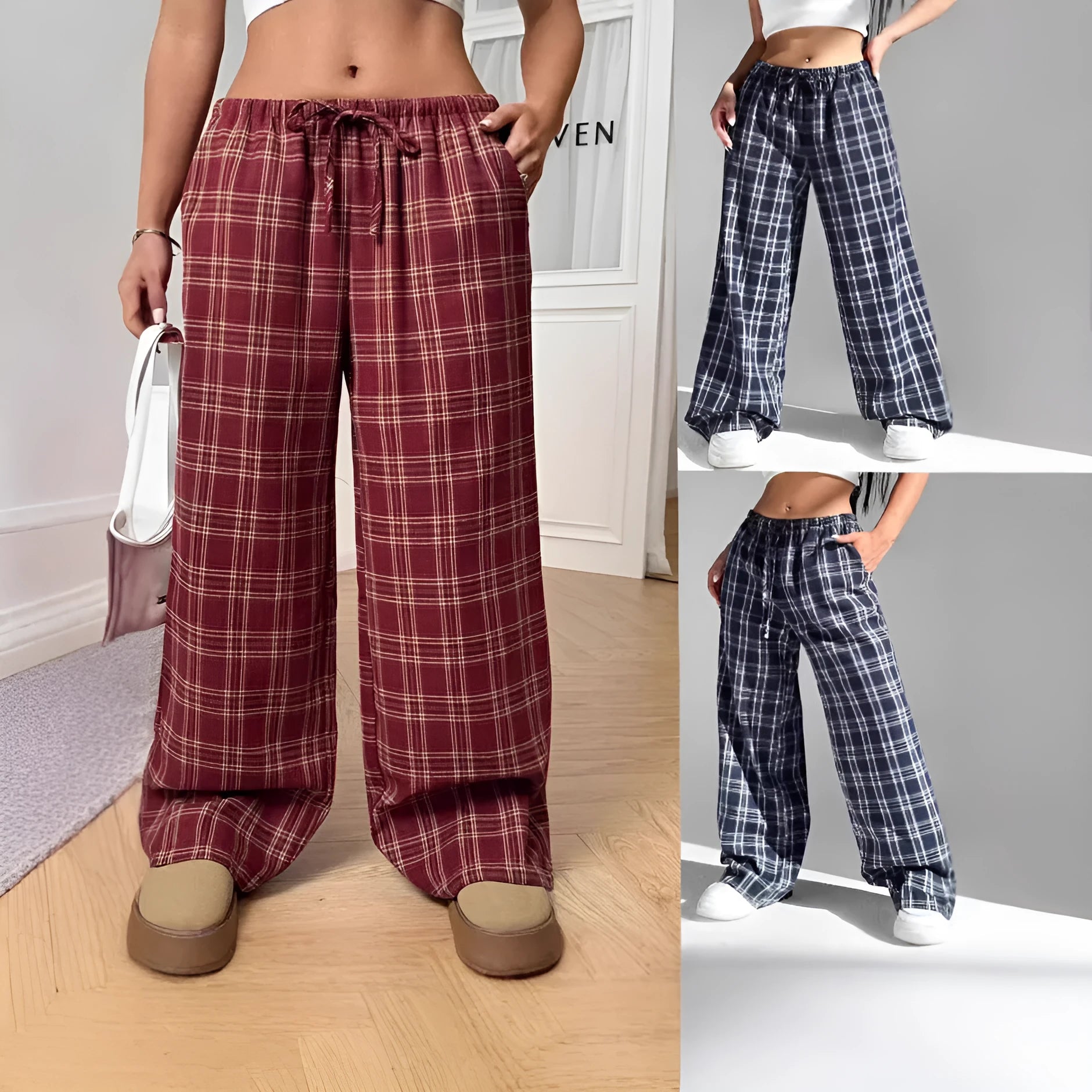 Women's loose fit plaid trousers with drawstring waist and patch pockets in casual styling