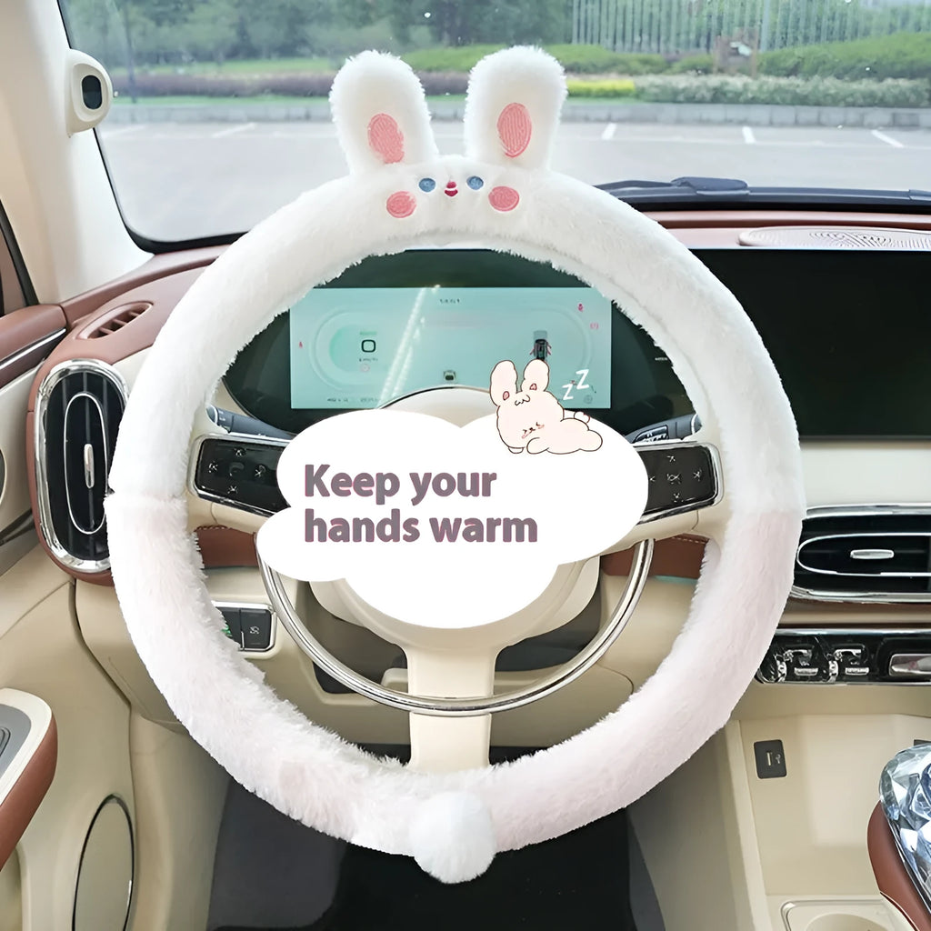 Plush steering wheel cover with embroidered animal design measuring 38cm in diameter