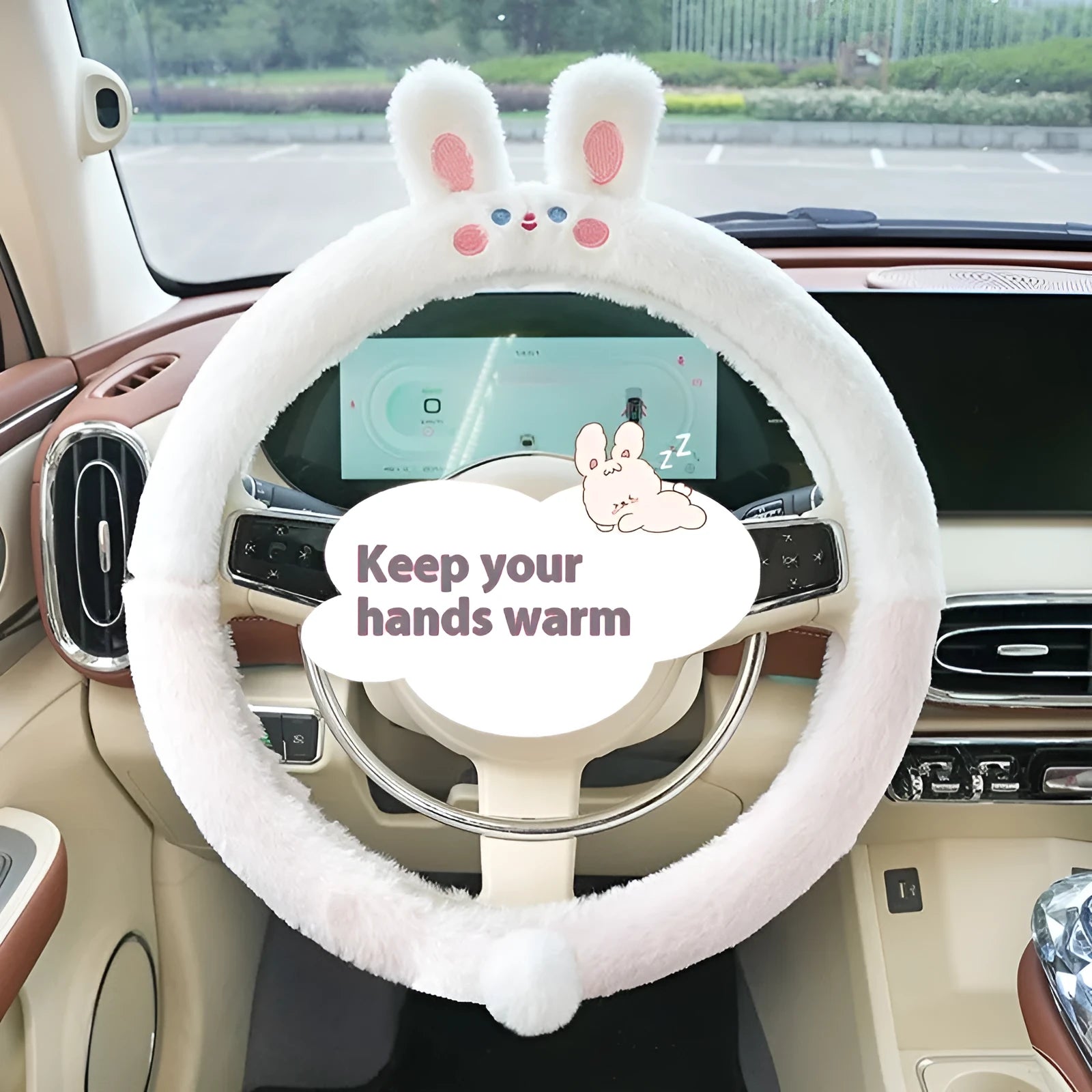 Plush steering wheel cover with embroidered animal design measuring 38cm in diameter
