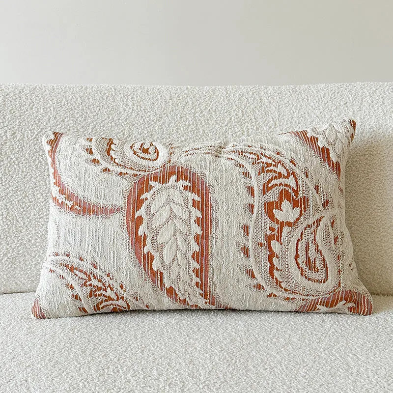 American-style jacquard paisley cushion cover in amber colour showing plant and flower pattern