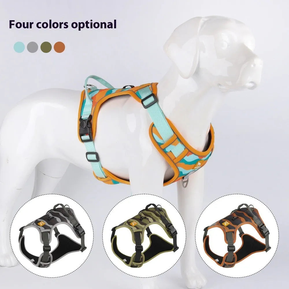 Orange Oxford cloth dog walking rope with a hand loop and chest harness attachment on a grey background.