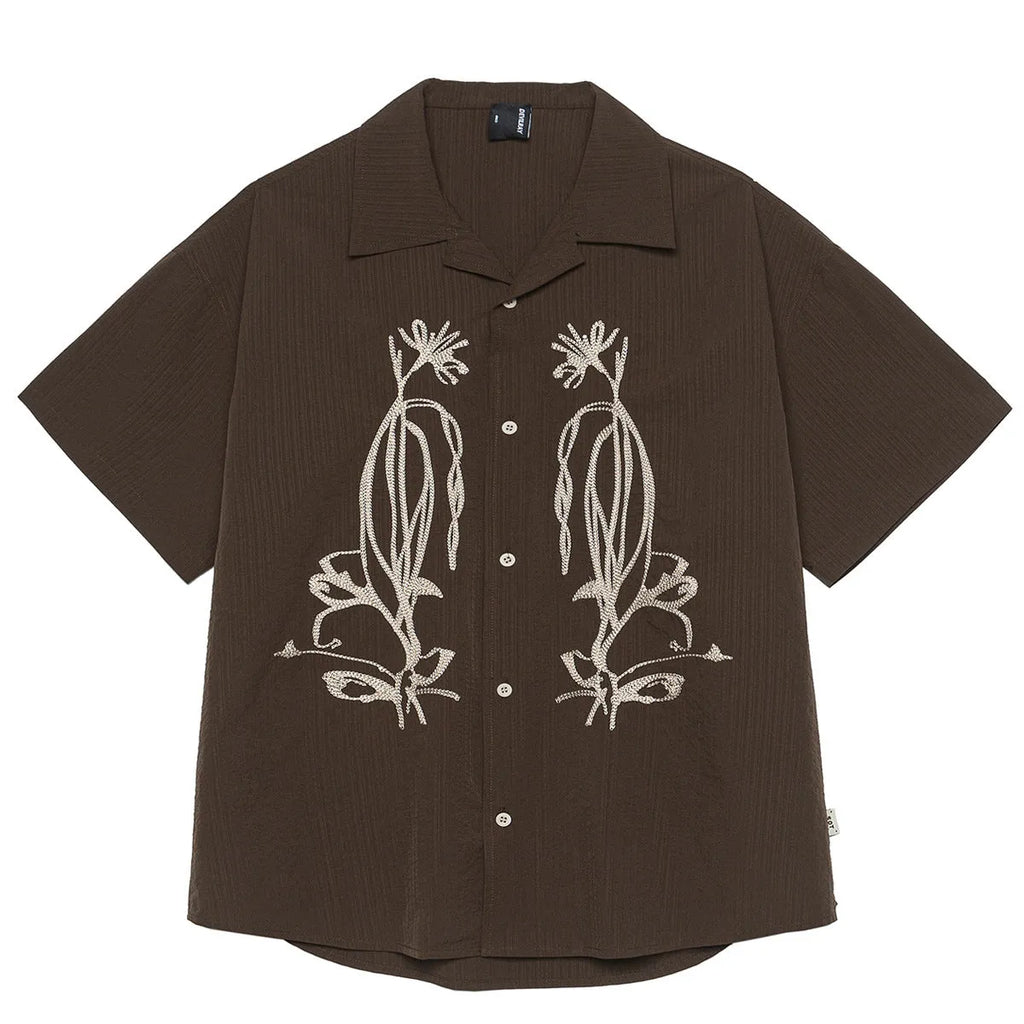 Men's brown striped Cuban collar short sleeve shirt for outdoor camping.
