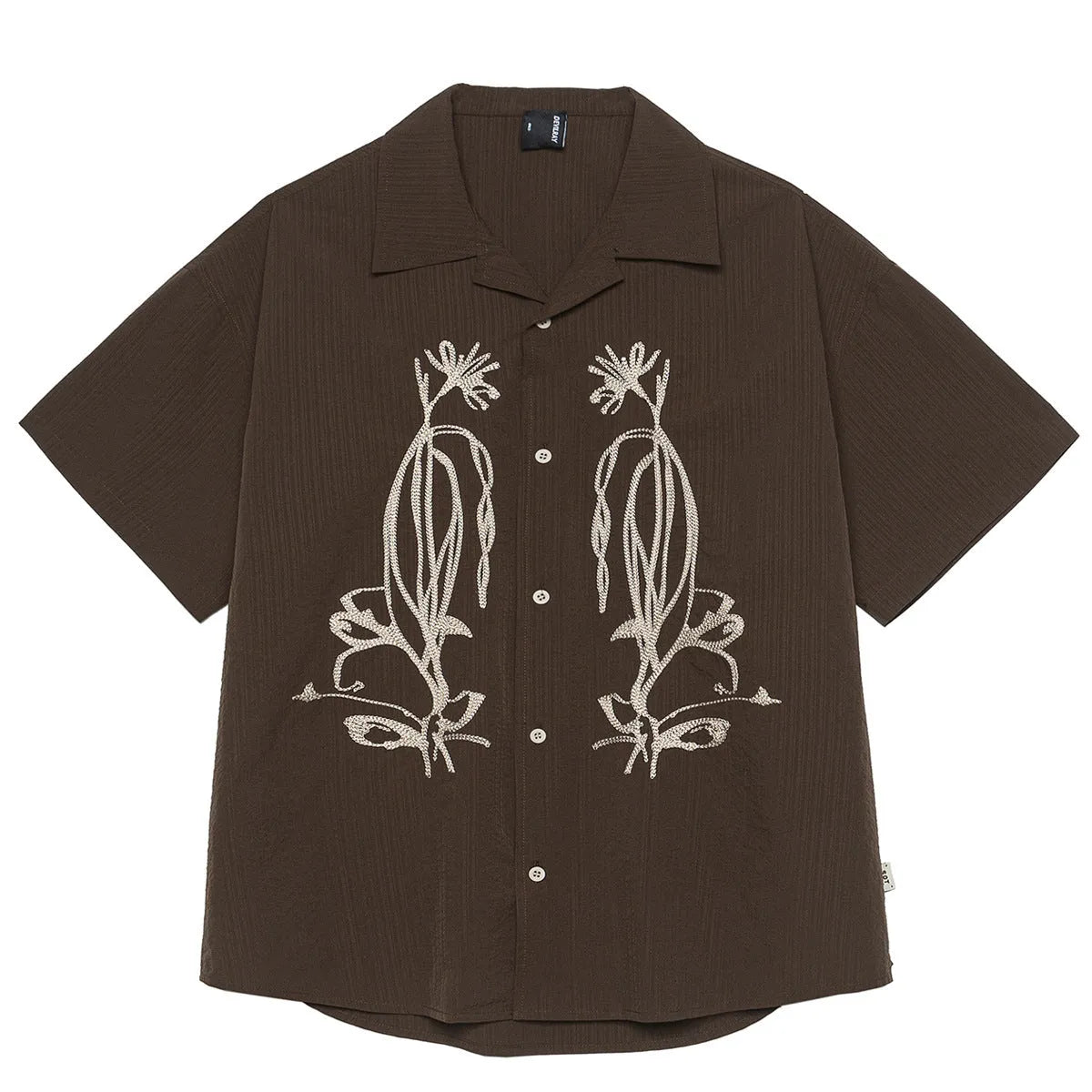 Men's brown striped Cuban collar short sleeve shirt for outdoor camping.