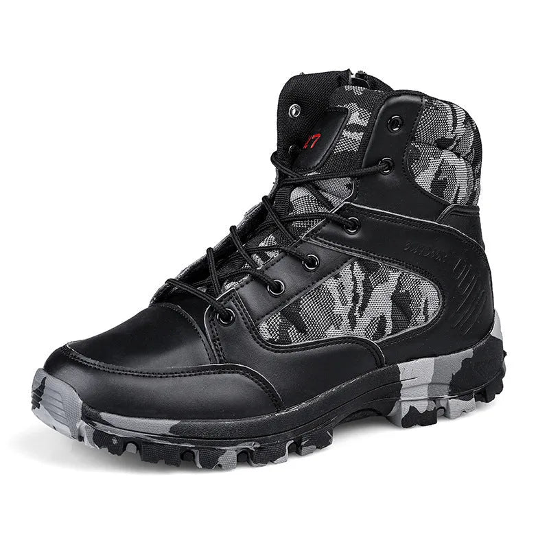 Men's black and camouflage high-top hiking shoes with PU upper and metal details.