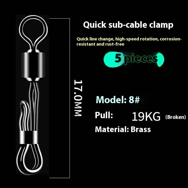 Brass fishing barrel swivel with quick release clamp and 8-word ring, 5 pieces shown.