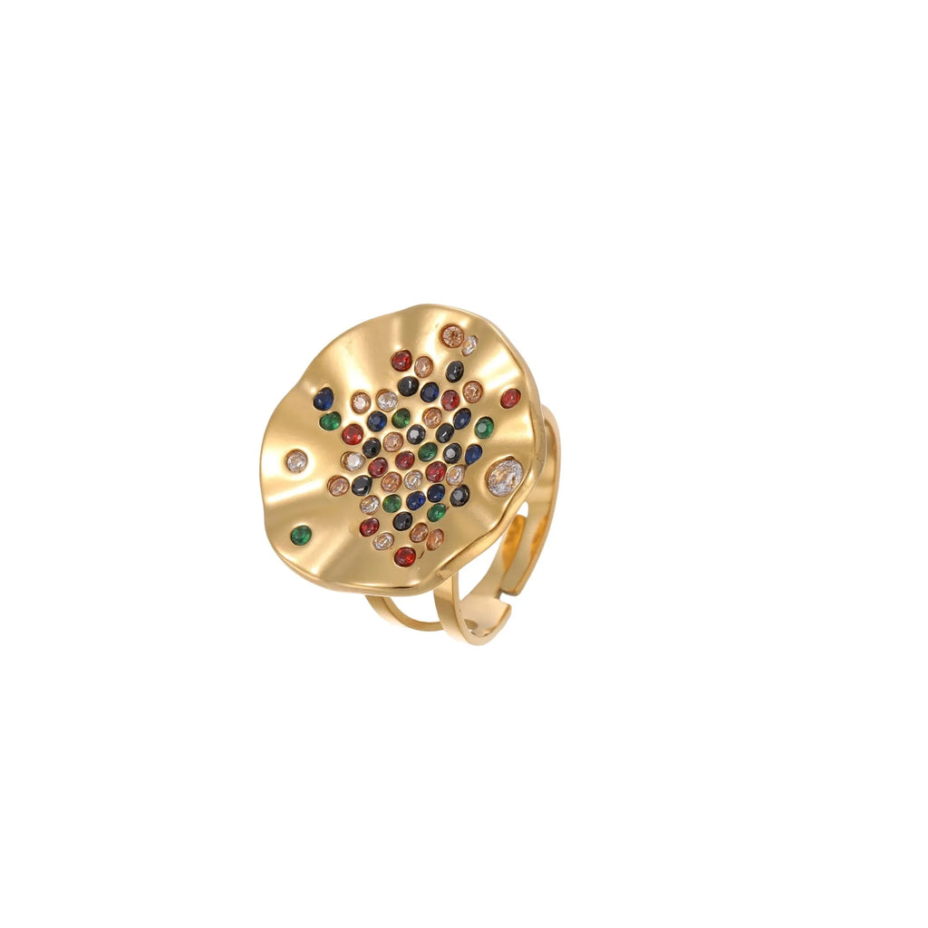 Geometric adjustable ring with pleated design and colourful diamond inlays on stainless steel band
