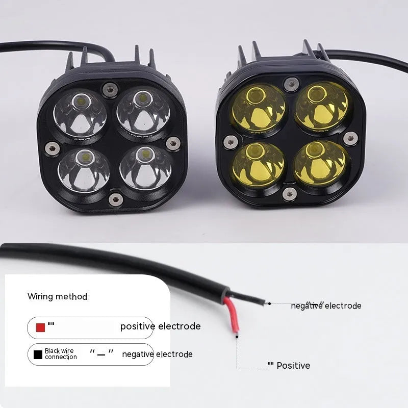 Four-eye vehicle headlight spotlight with aluminium mounting base in white or yellow light options