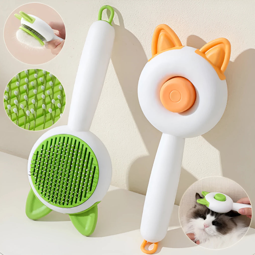 Self-cleaning cat grooming brush with stainless steel teeth and TPR massage nodes in two-tone colours