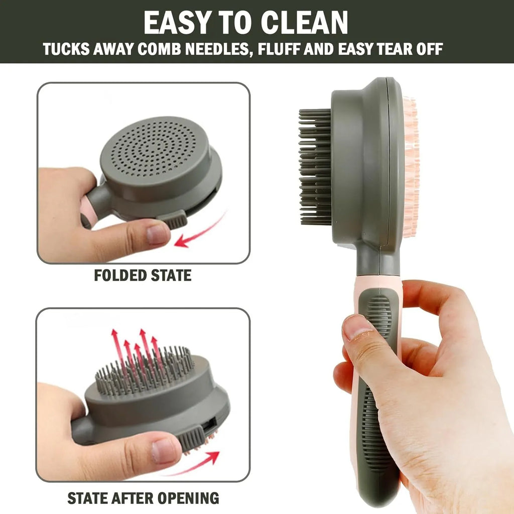 Double-sided pink cat brush with release button and matching flea comb for pet grooming