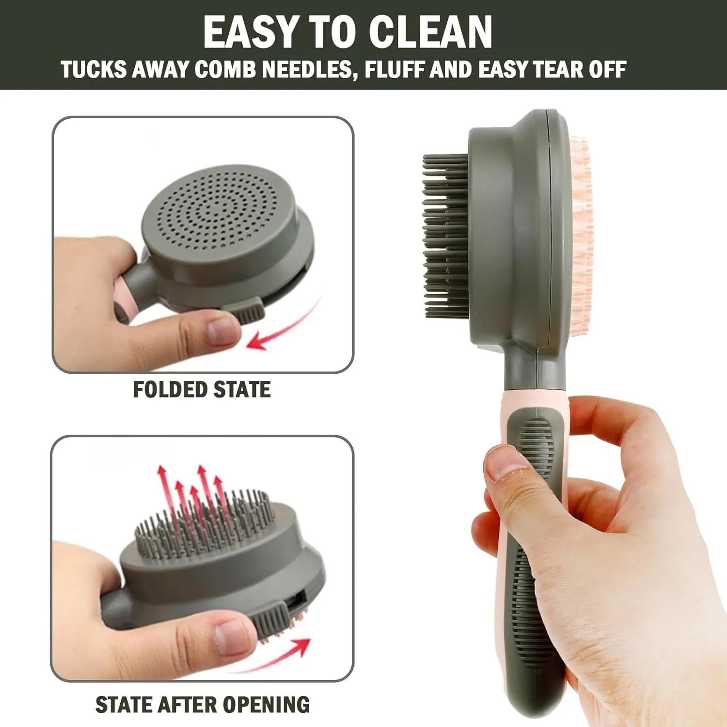 Double-sided pink cat brush with release button and matching flea comb for pet grooming