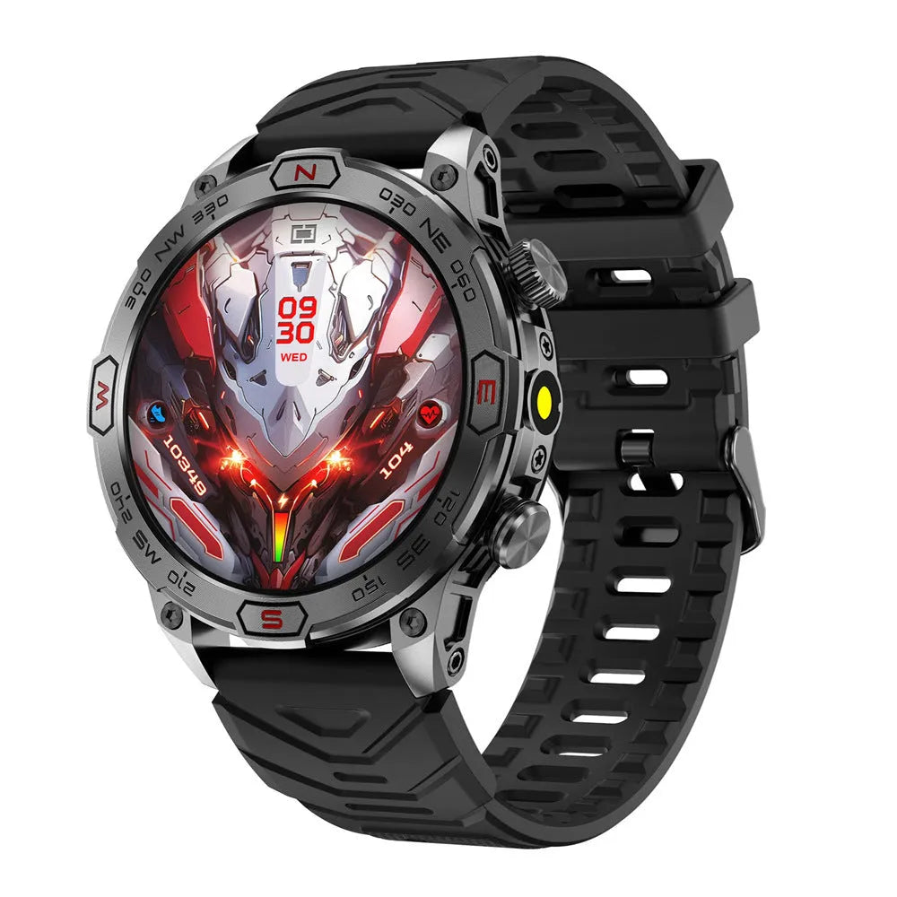 Black sports smartwatch with AMOLED screen on a silicone strap, showing fitness stats.