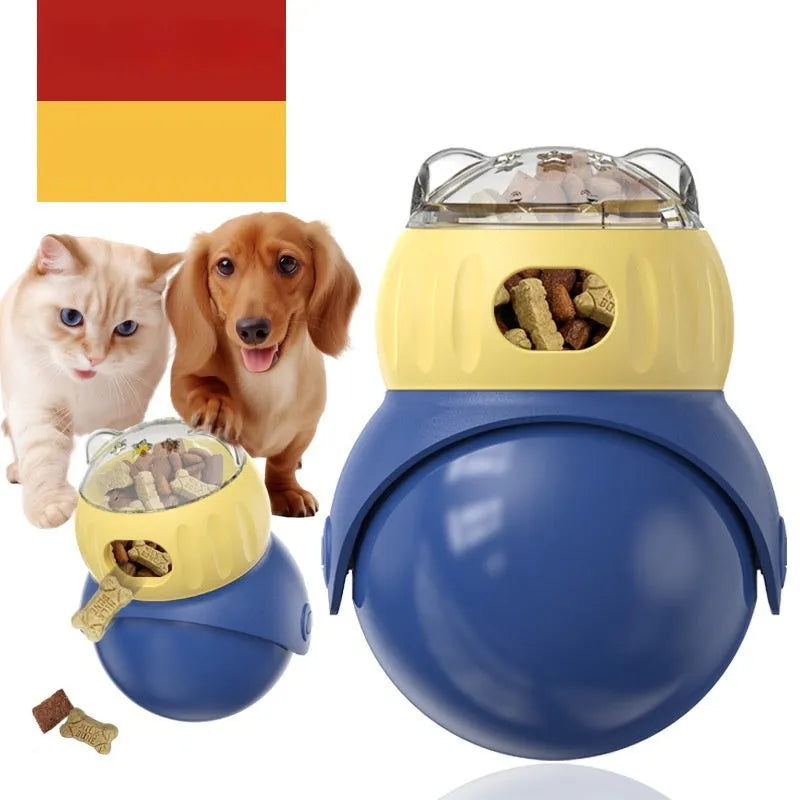 Owl-shaped plastic tumbler cat puzzle toy in Morandi yellow and blue colours for self-service feeding