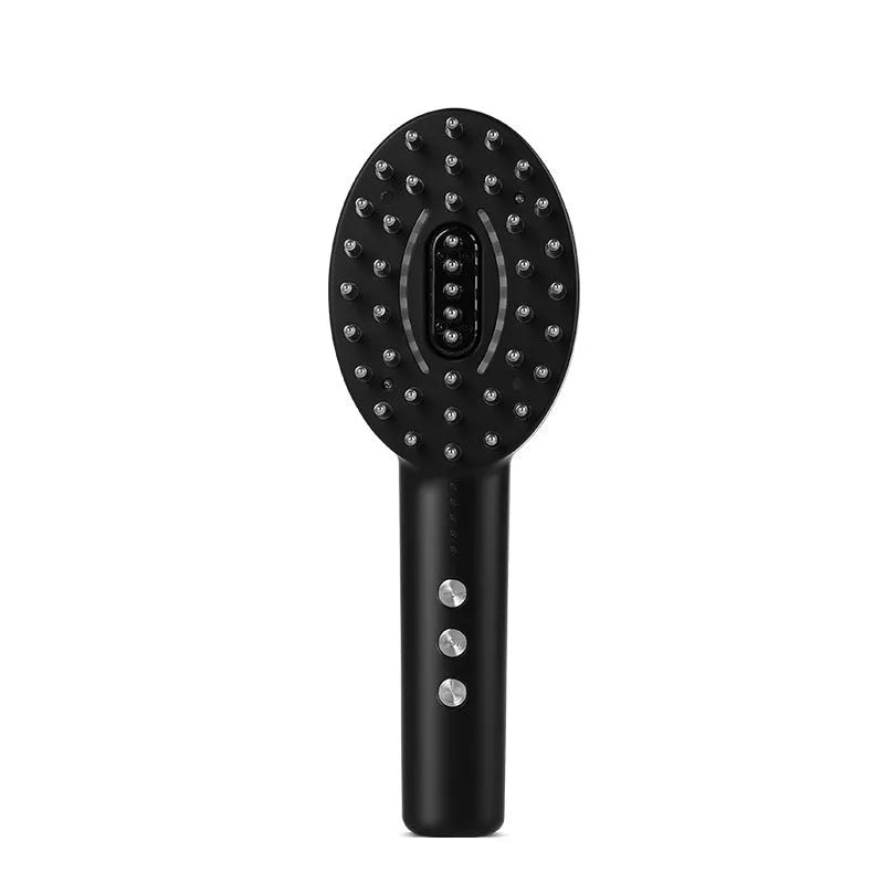 Black handheld scalp massage device with vibration function on a white background.
