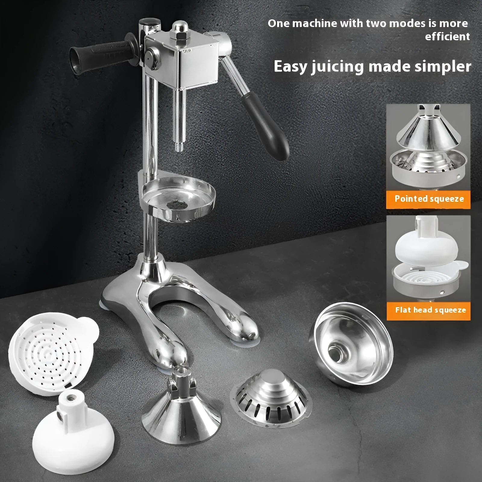 Vertical stainless steel manual juicer showing colour and head type options: pointed, flat, and double-headed.