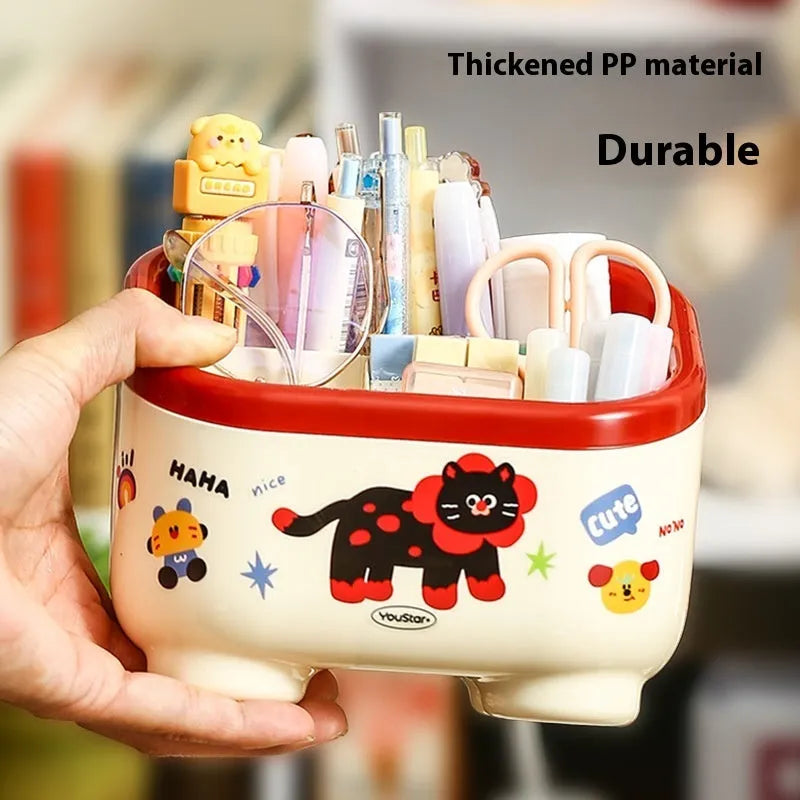 Red and brown cartoon-style desktop organiser with grid compartments for stationery and cosmetics.