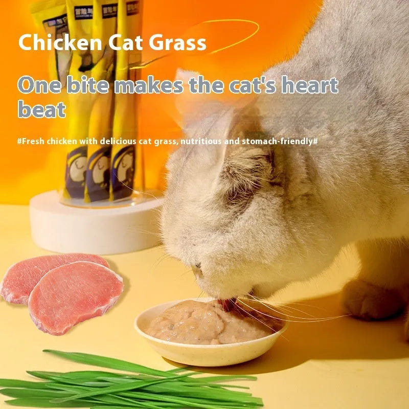 15g pack of Cat Snack Wet Food Grass Chicken Strip, chicken and cat grass flavour, for cats over 2 months