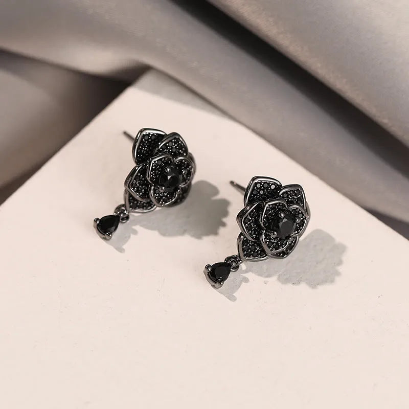 Black rose zircon flower stud earrings with 18K gold-plated copper setting