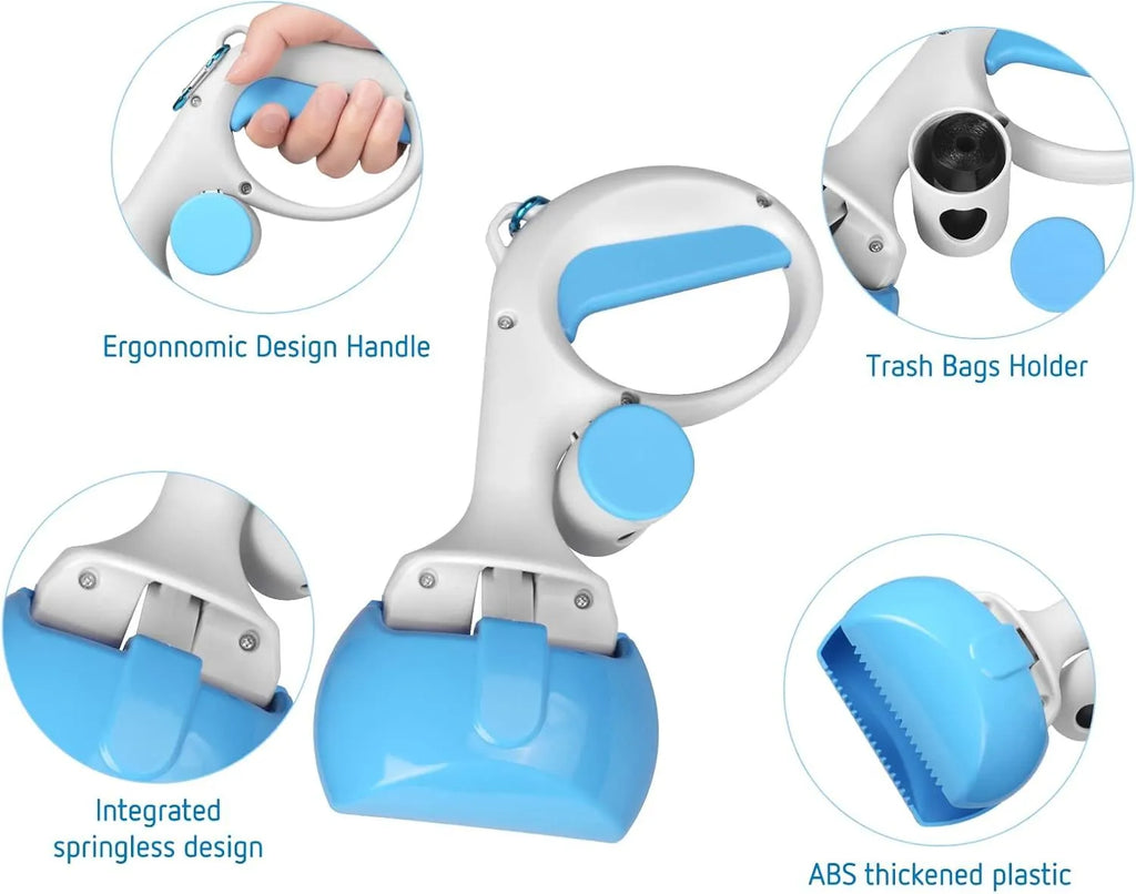 Blue pet pooper scooper with built-in trash bag holder and a hanging hook on a green lawn