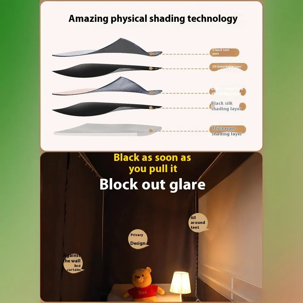 Grey polyester bed curtains with integrated mosquito net for a single bed.