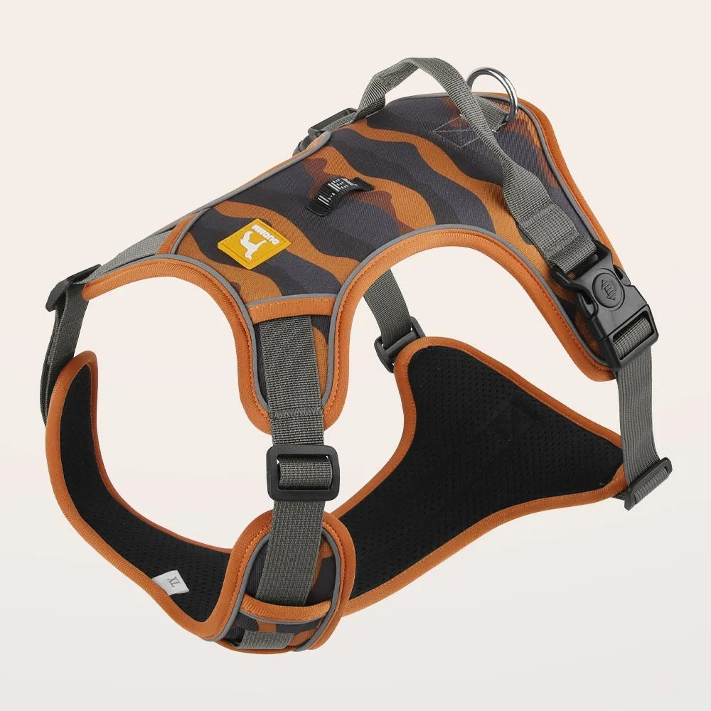 Orange Oxford cloth dog walking rope with a hand loop and chest harness attachment on a grey background.