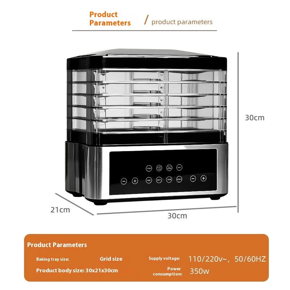 Silver stainless steel fruit dehydrator with 14L capacity and adjustable temperature control