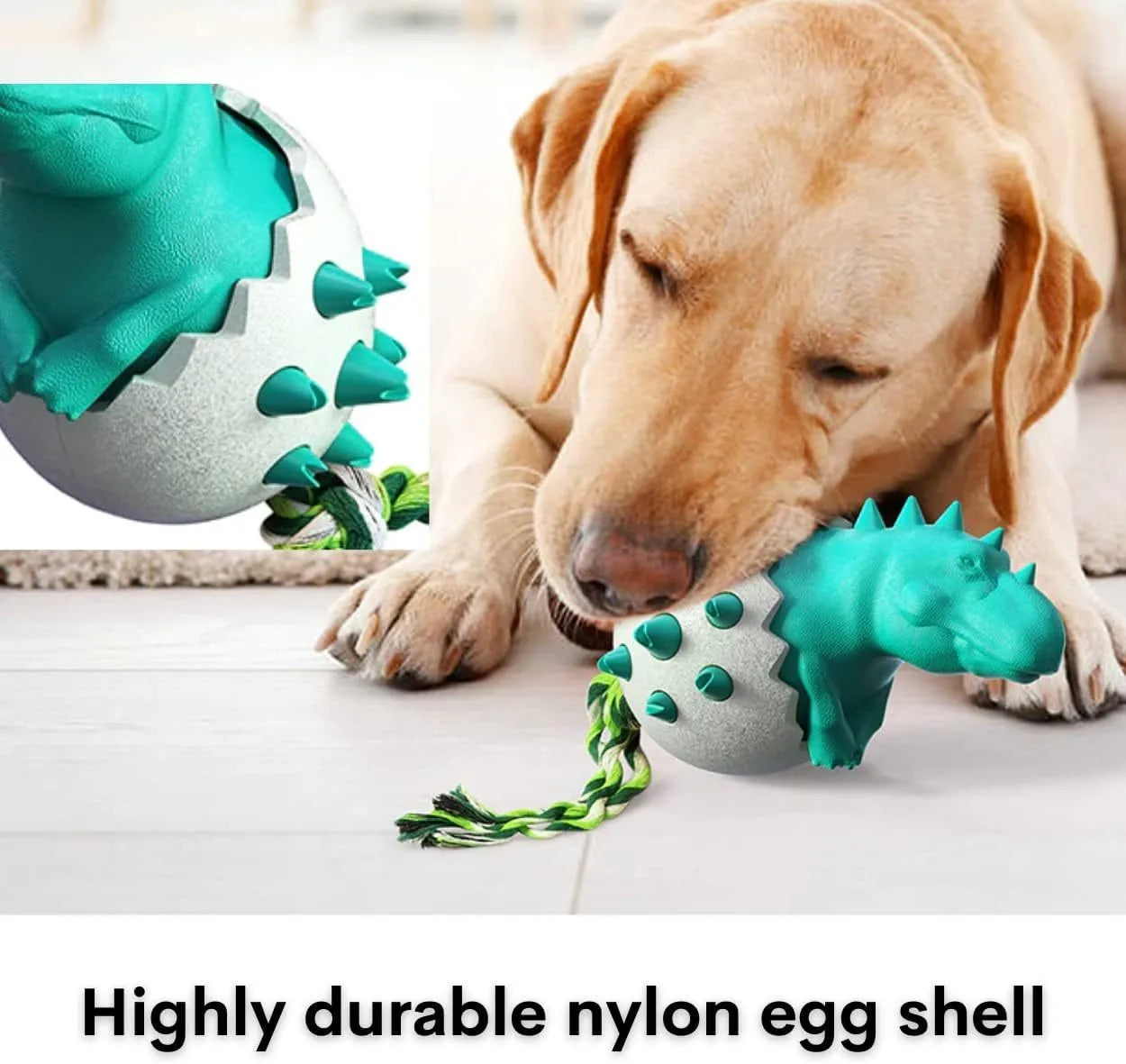 Blue durable rubber and nylon dinosaur-shaped dog chew toy with an integrated rope for fetch and tug games.
