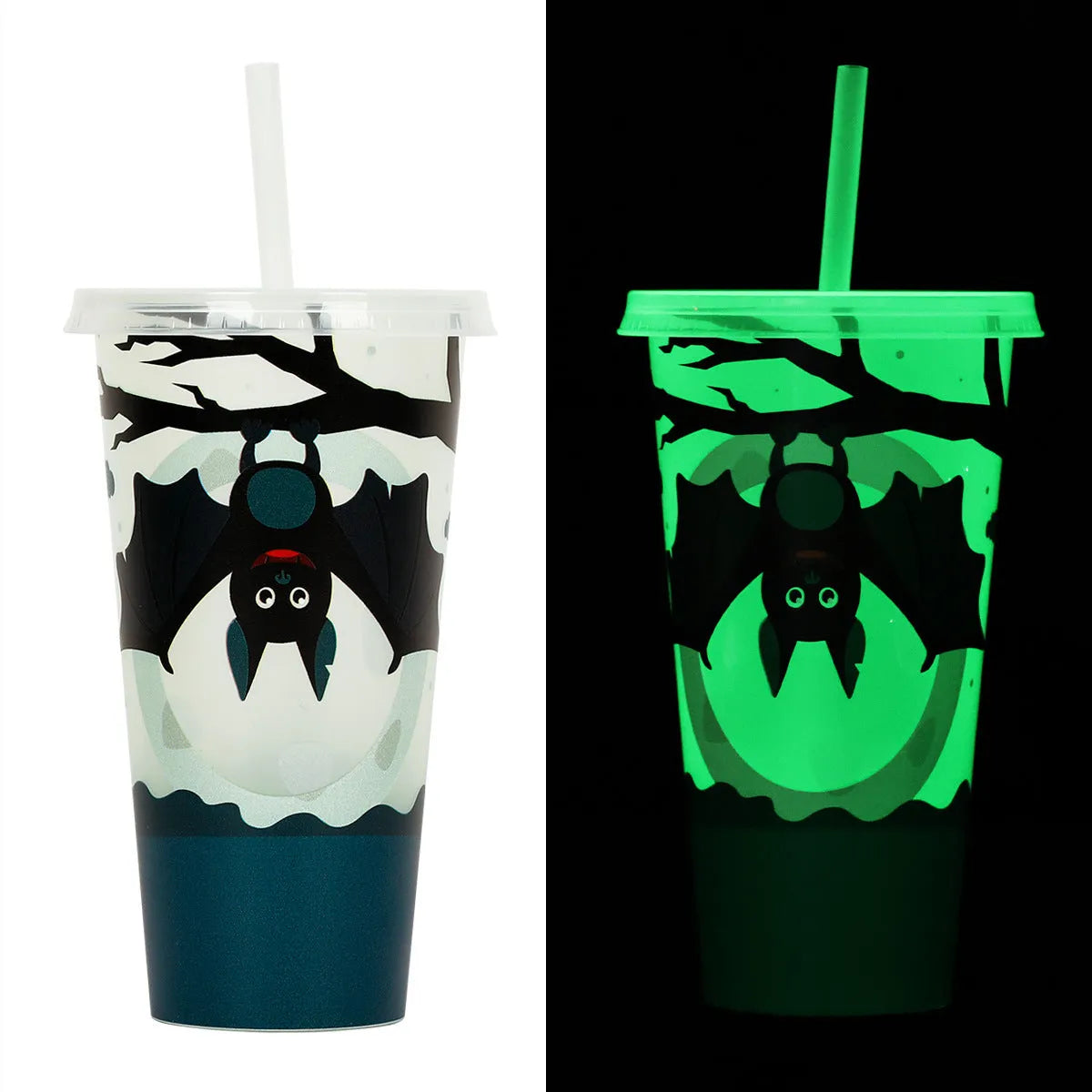 A tall 720ml plastic Halloween-themed cup with a luminous straw, shown in one of six available colours.