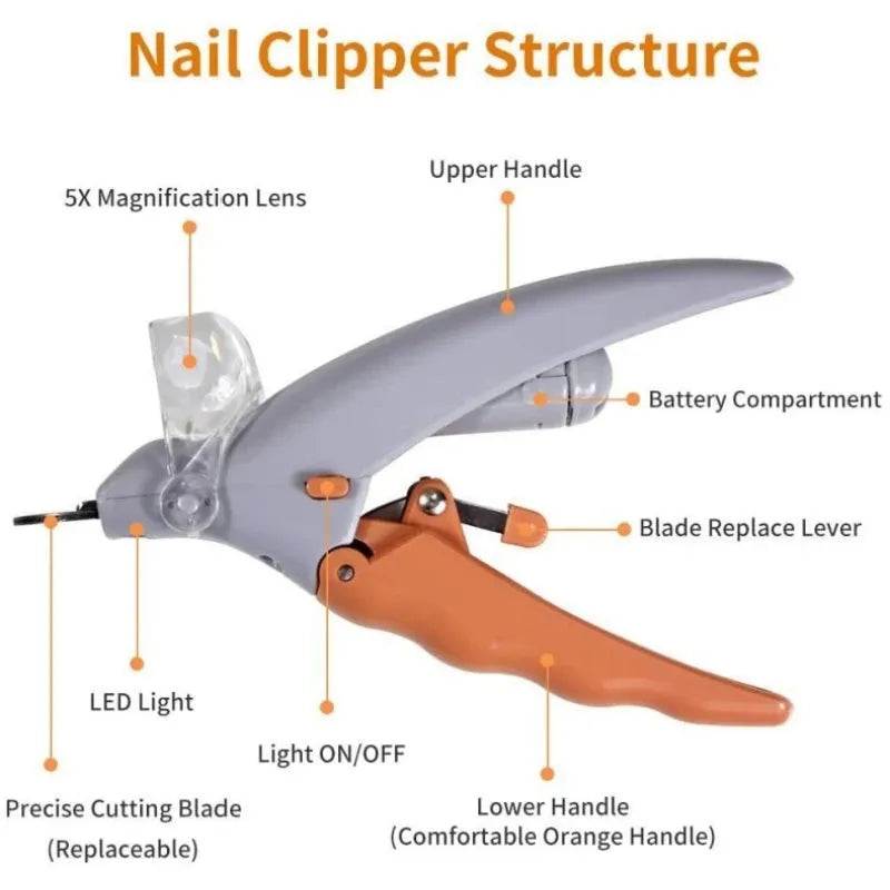 Yellow pet nail clipper with built-in LED light and magnifying glass for grooming dogs and cats.