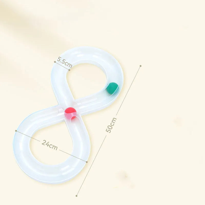 Blue and white interactive cat toy set with turntable track, ball, and teasing stick on floor
