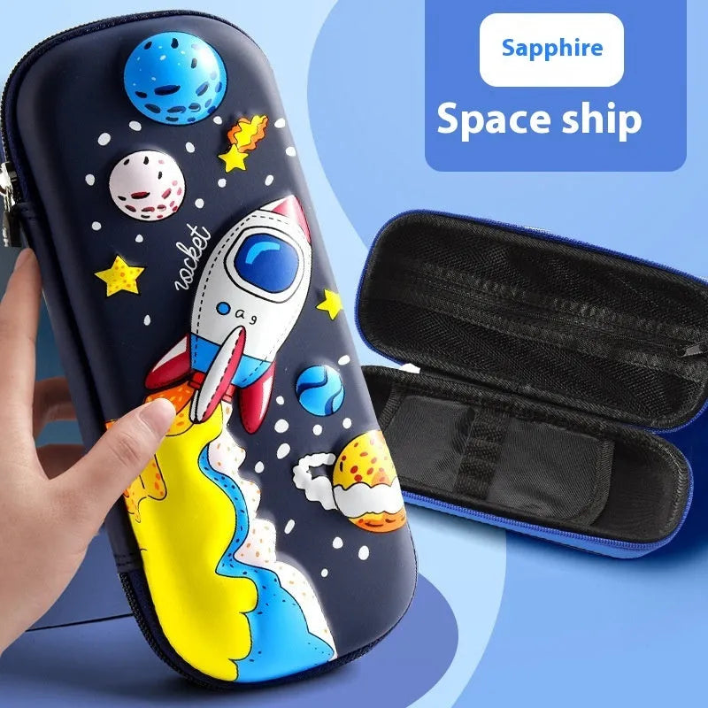 3D leather pencil case with embossed astronaut rocket pattern on surface