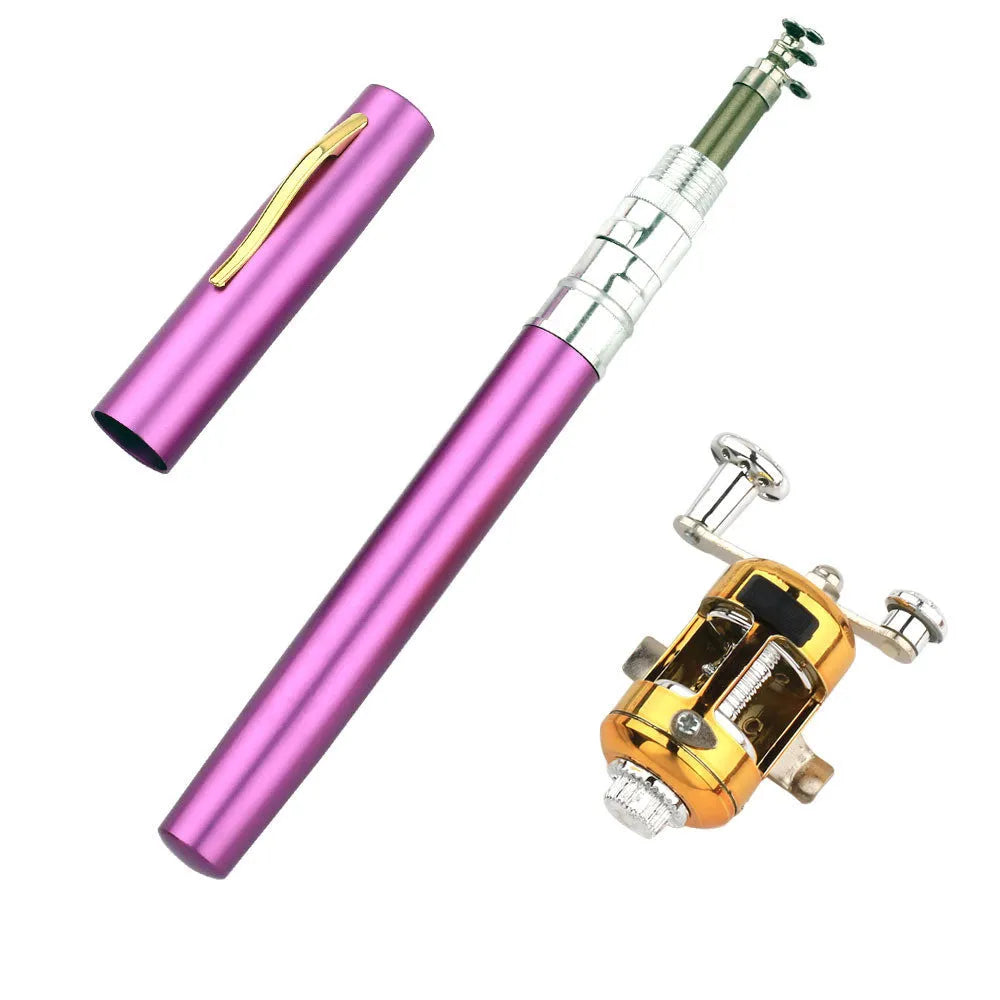 Compact telescopic pocket fishing rod kit with ST5RL reel in aluminium pen case, shown collapsed and extended.