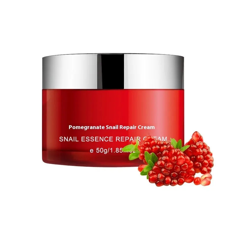 Pomegranate skincare set with four red packaged products: cleanser, toner, lotion and facial cream
