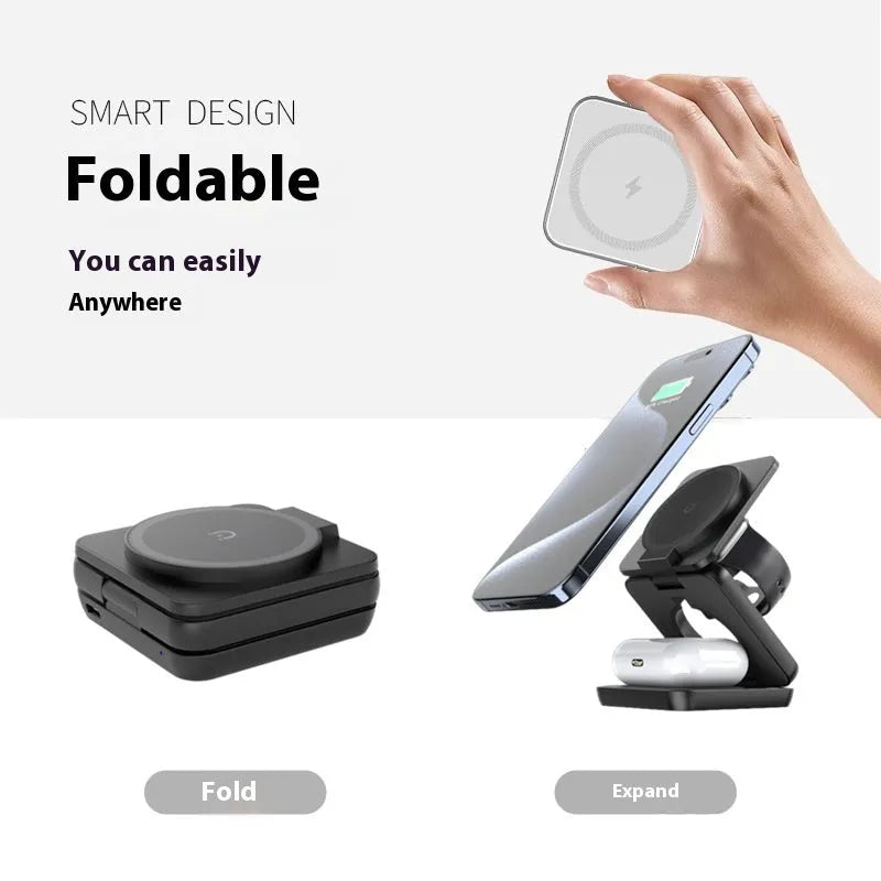 Black foldable magnetic wireless charging phone holder showing its compact size.